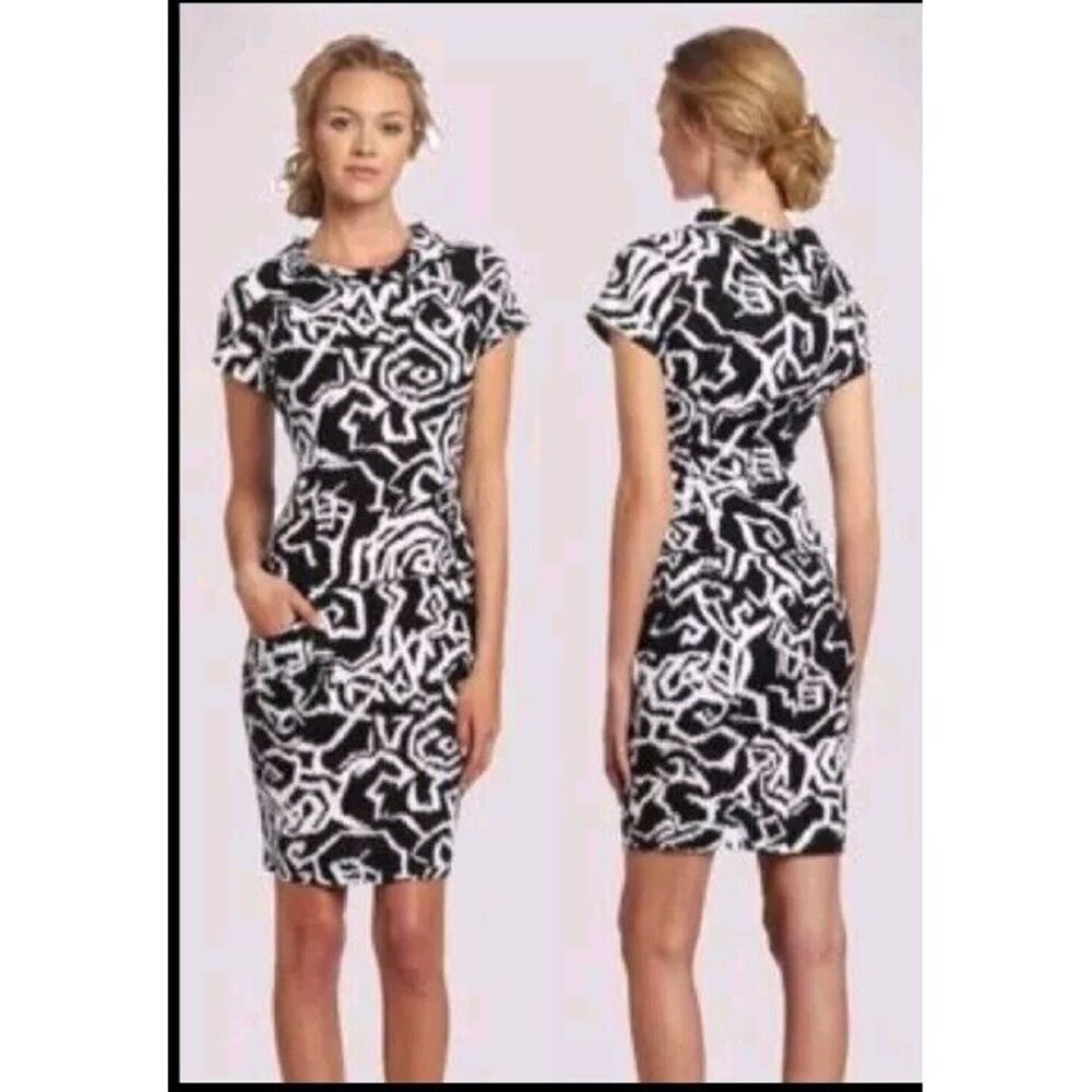 Pendleton Petite 8 Black White Linen Sheath dress Cowl neck Ikat Cap Sleeve Chic